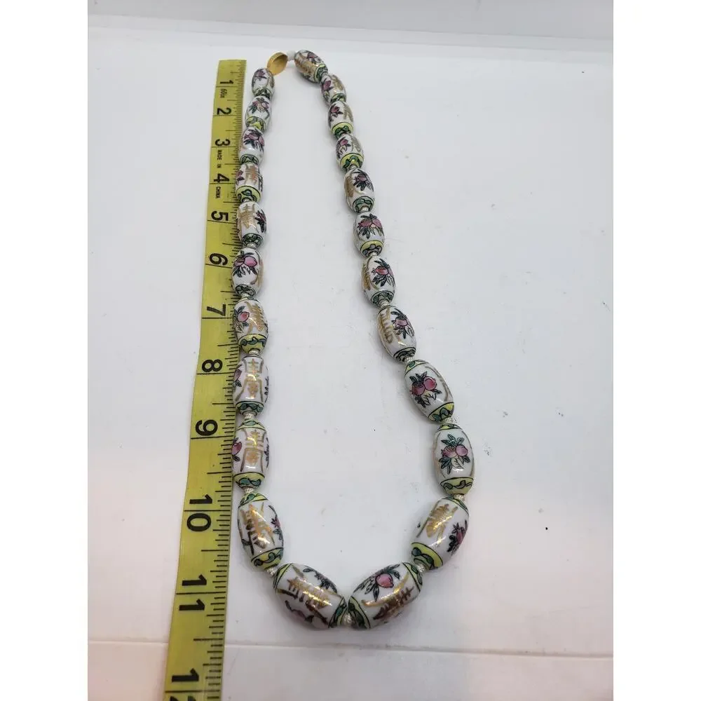 Vintage Chinese Import Porcelain Bead Necklace Hand Painted Gold Clasp Floral